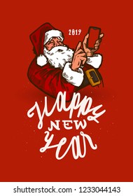 Modern Santa Claus with smartphone vintage new year vector illustration