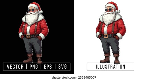 Modern Santa Claus with Stylish Outfit and Sunglasses - Trendy Holiday Illustration