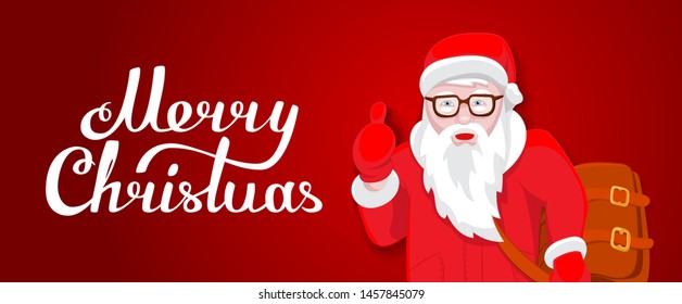 Modern Santa Claus vector illustration cool funny style character come with gift bag and thumb up. Happy New Year greeting card  design element. Cartoon lettering Merry Christmas decoration isolated