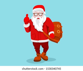 Modern Santa Claus vector illustration cool funny style character come with gift bag and thumb up. Happy New Year greeting card  design element. Cartoon Christmas decoration isolated