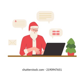 Modern Santa reads letters and sends gifts online, using laptop. Christmas concept, festive design for New Year holiday. Isolated. Vector illustration