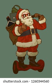 Modern Santa riding segway with a sack of gadgets - vintage style vector illustration