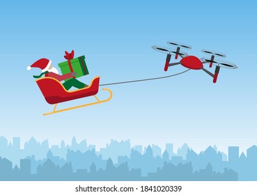 The  modern Santa riding in a sledge pulled by a drone. Enabled with 5G technology. Vector Illustration