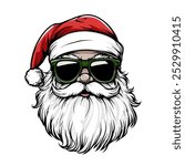 Modern Santa Wearing Sunglasses Vector Design. Trendy Santa Claus with Red Glasses and Santa Hat