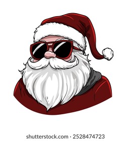 Modern Santa Wearing Sunglasses Vector Design. Trendy Santa Claus with Red Glasses and Santa Hat