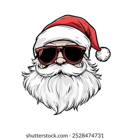 Modern Santa Wearing Sunglasses Vector Design. Trendy Santa Claus with Red Glasses and Santa Hat