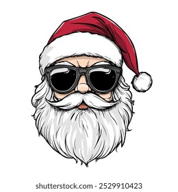 Modern Santa Wearing Sunglasses Vector Design. Trendy Santa Claus with Red Glasses and Santa Hat