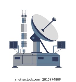 A modern satellite dish antenna station featuring solar panels and a communication tower in a flat vector design style.
