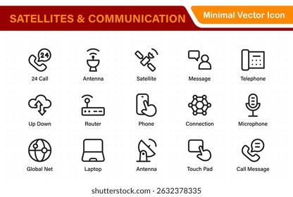 Modern Satellites and Communication Icons – Clean Outline, Line Art, Vector Illustrations for Space Exploration, Technology, and Communication Systems