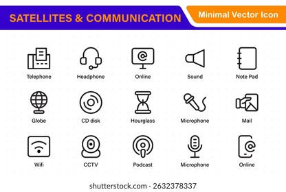 Modern Satellites and Communication Icons – Clean Outline, Line Art, Vector Illustrations for Space Exploration, Technology, and Communication Systems