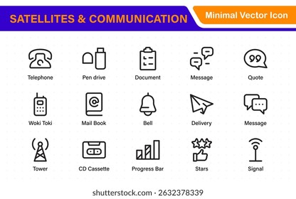 Modern Satellites and Communication Icons – Clean Outline, Line Art, Vector Illustrations for Space Exploration, Technology, and Communication Systems