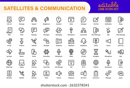 Modern Satellites and Communication Icons – Clean Outline, Line Art, Vector Illustrations for Space Exploration, Technology, and Communication Systems