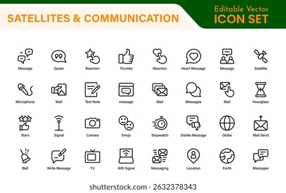 Modern Satellites and Communication Icons – Clean Outline, Line Art, Vector Illustrations for Space Exploration, Technology, and Communication Systems