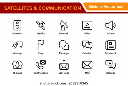 Modern Satellites and Communication Icons – Clean Outline, Line Art, Vector Illustrations for Space Exploration, Technology, and Communication Systems