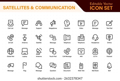 Modern Satellites and Communication Icons – Clean Outline, Line Art, Vector Illustrations for Space Exploration, Technology, and Communication Systems