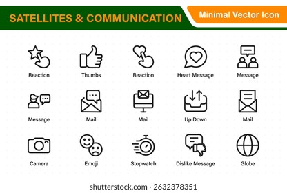 Modern Satellites and Communication Icons – Clean Outline, Line Art, Vector Illustrations for Space Exploration, Technology, and Communication Systems