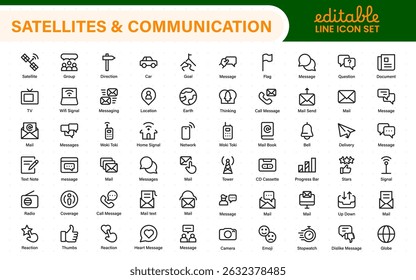 Modern Satellites and Communication Icons – Clean Outline, Line Art, Vector Illustrations for Space Exploration, Technology, and Communication Systems