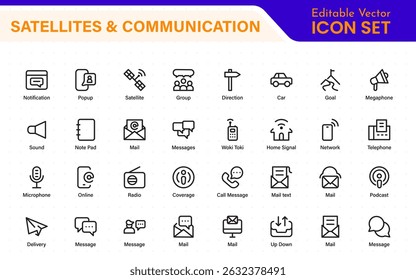 Modern Satellites and Communication Icons – Clean Outline, Line Art, Vector Illustrations for Space Exploration, Technology, and Communication Systems