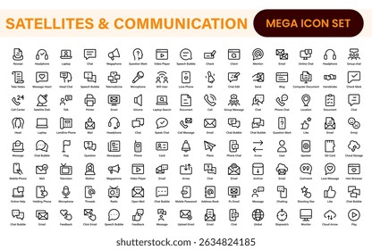 Modern Satellites and Communication Icons – Clean Outline, Line Art, Vector Illustrations for Space Exploration, Technology, and Communication Systems