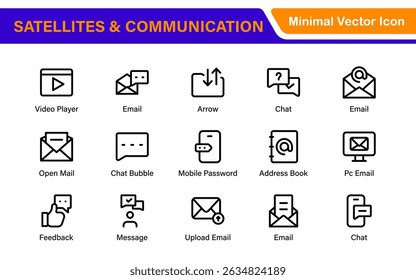 Modern Satellites and Communication Icons – Clean Outline, Line Art, Vector Illustrations for Space Exploration, Technology, and Communication Systems