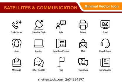 Modern Satellites and Communication Icons – Clean Outline, Line Art, Vector Illustrations for Space Exploration, Technology, and Communication Systems