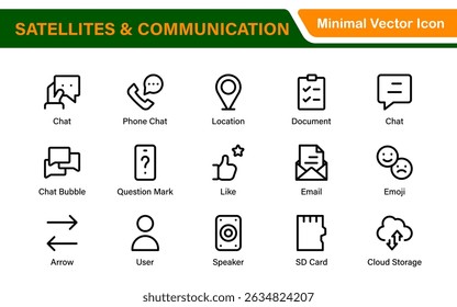 Modern Satellites and Communication Icons – Clean Outline, Line Art, Vector Illustrations for Space Exploration, Technology, and Communication Systems