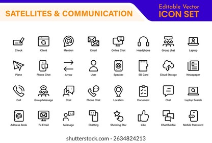 Modern Satellites and Communication Icons – Clean Outline, Line Art, Vector Illustrations for Space Exploration, Technology, and Communication Systems