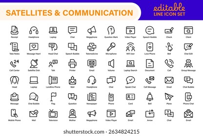 Modern Satellites and Communication Icons – Clean Outline, Line Art, Vector Illustrations for Space Exploration, Technology, and Communication Systems
