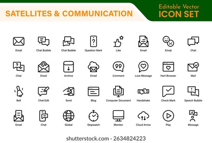 Modern Satellites and Communication Icons – Clean Outline, Line Art, Vector Illustrations for Space Exploration, Technology, and Communication Systems