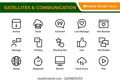 Modern Satellites and Communication Icons – Clean Outline, Line Art, Vector Illustrations for Space Exploration, Technology, and Communication Systems