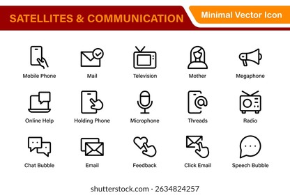 Modern Satellites and Communication Icons – Clean Outline, Line Art, Vector Illustrations for Space Exploration, Technology, and Communication Systems