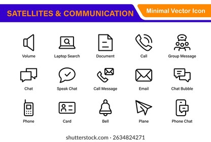Modern Satellites and Communication Icons – Clean Outline, Line Art, Vector Illustrations for Space Exploration, Technology, and Communication Systems