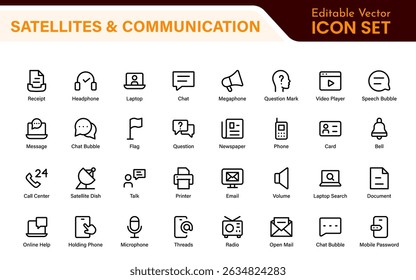 Modern Satellites and Communication Icons – Clean Outline, Line Art, Vector Illustrations for Space Exploration, Technology, and Communication Systems