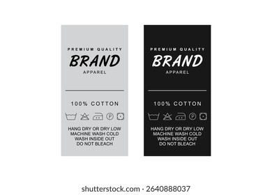 Modern Satin Clothing Label Template. Editable Black and White Apparel Tag with Wash Icons and Branding Area