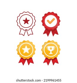 Modern satisfaction badge icon with star, trophy, and tick sign. Vector illustration. 