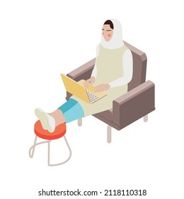 Modern saudi arabian woman in hijab working on laptop at home 3d isometric icon vector illustration