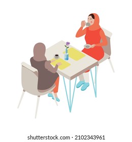 Modern saudi arabian women drinking coffee at cafe isometric icon vector illustration