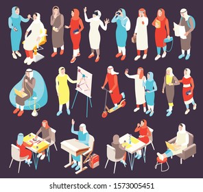 Modern saudi arabs people culture clothing work study business lunch seminar vaping isometric characters set vector illustration 