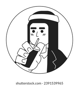 Modern saudi guy drinking through straw black and white 2D vector avatar illustration. Holding coffee man wearing kaffiyeh outline cartoon character face isolated. Smoothie man arab flat portrait