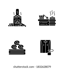 Modern saunas black glyph icons set on white space. Wood burning bathhouse, vaporarium, bath towel and portable sauna silhouette symbols. Spa treatment, heat therapy. Vector isolated illustrations