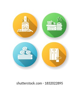 Modern saunas flat design long shadow glyph icons set. Wood burning bathhouse, vaporarium, bath towel and portable sauna. Spa treatment, heat therapy. Silhouette RGB color illustrations