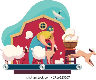 Modern and save conveyor for wool processing, concept and vector illustration on white background. Contemporary and technology for farm management and farmer characters. Flat style.