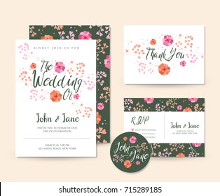 Moderno Guarde el juego de ilustraciones de plantillas de tarjetas de invitación de matrimonio floral, RSVP, Pin y tarjeta de agradecimiento incluidos.