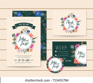 Modern Save The Date Floral casamento convite modelo de ilustração conjunto. RSVP, Pin e cartão de agradecimento incluído.