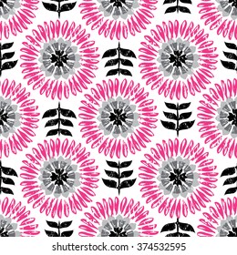 Modern Scandi Daisy Floral Seamless Repeat Wallpaper - Pink, Grey & Black