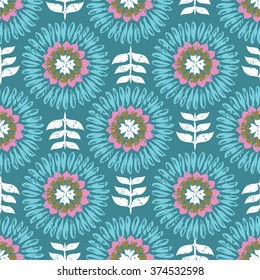 Modern Scandi Daisy Floral Seamless Repeat Wallpaper - Jewel Tones