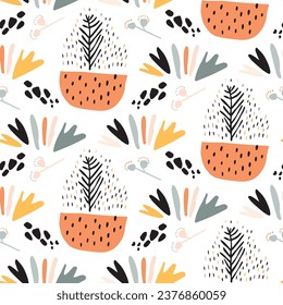 Modern scandi floral vector endless pattern. Organic summer gender neutral nature mix paper cut out wallpaper tile.