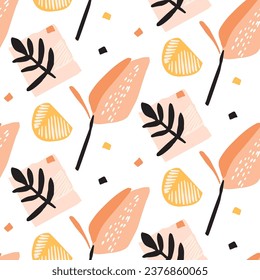 Modern scandi floral vector endless pattern. Organic summer gender neutral nature mix paper cut out wallpaper tile.