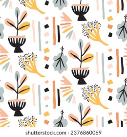 Modern scandi floral vector endless pattern. Organic summer gender neutral nature mix paper cut out wallpaper tile.