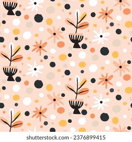 Modern scandi floral vector endless pattern. Organic summer gender neutral nature mix paper cut out wallpaper tile.